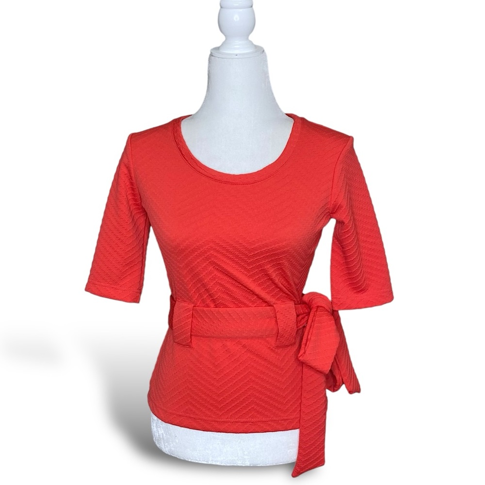 NWOT Shabby Apple Red Short Sleeve Textured Blouse Top  Removable Belt Sz Petite
